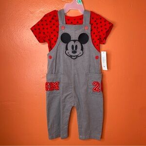 Disney Gray & Red Mickey Mouse Baby Boy Overall and T-Shirt Outfit Set